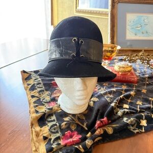 Black Cloche Hat with Leather Detail